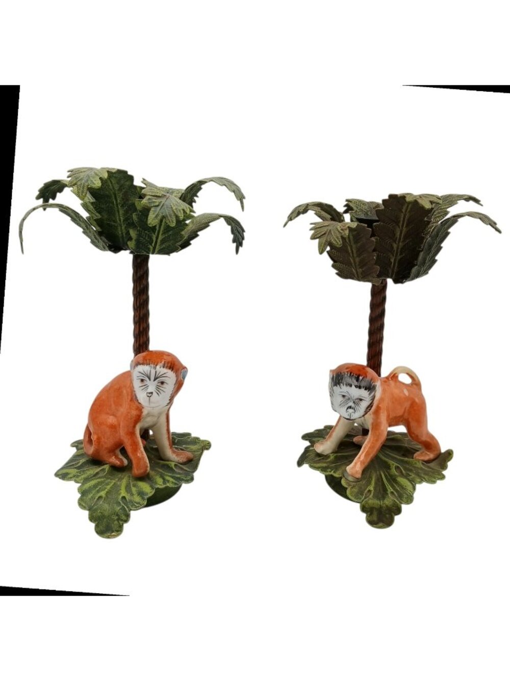Petite Choses Monkey Palm Tree Tropical Candle Holders Pair Metal Taper Holders